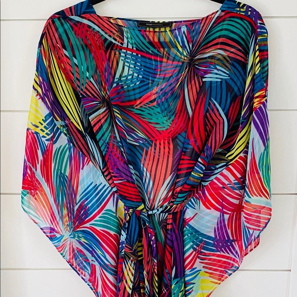 Tropical geometric tunic dress w kimono sleeves
